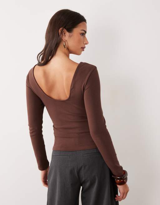 ASOS DESIGN compact cotton long sleeve top with curved neckline in chocolate, 4 of 4