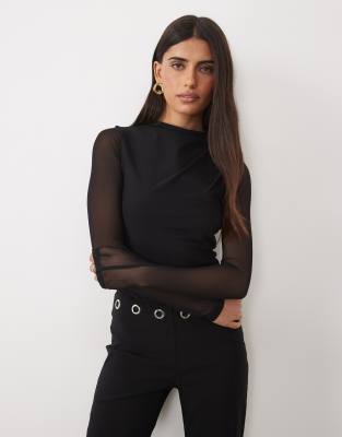 ASOS DESIGN compact cotton mesh mix long sleeve top with shoulder gathers in bla