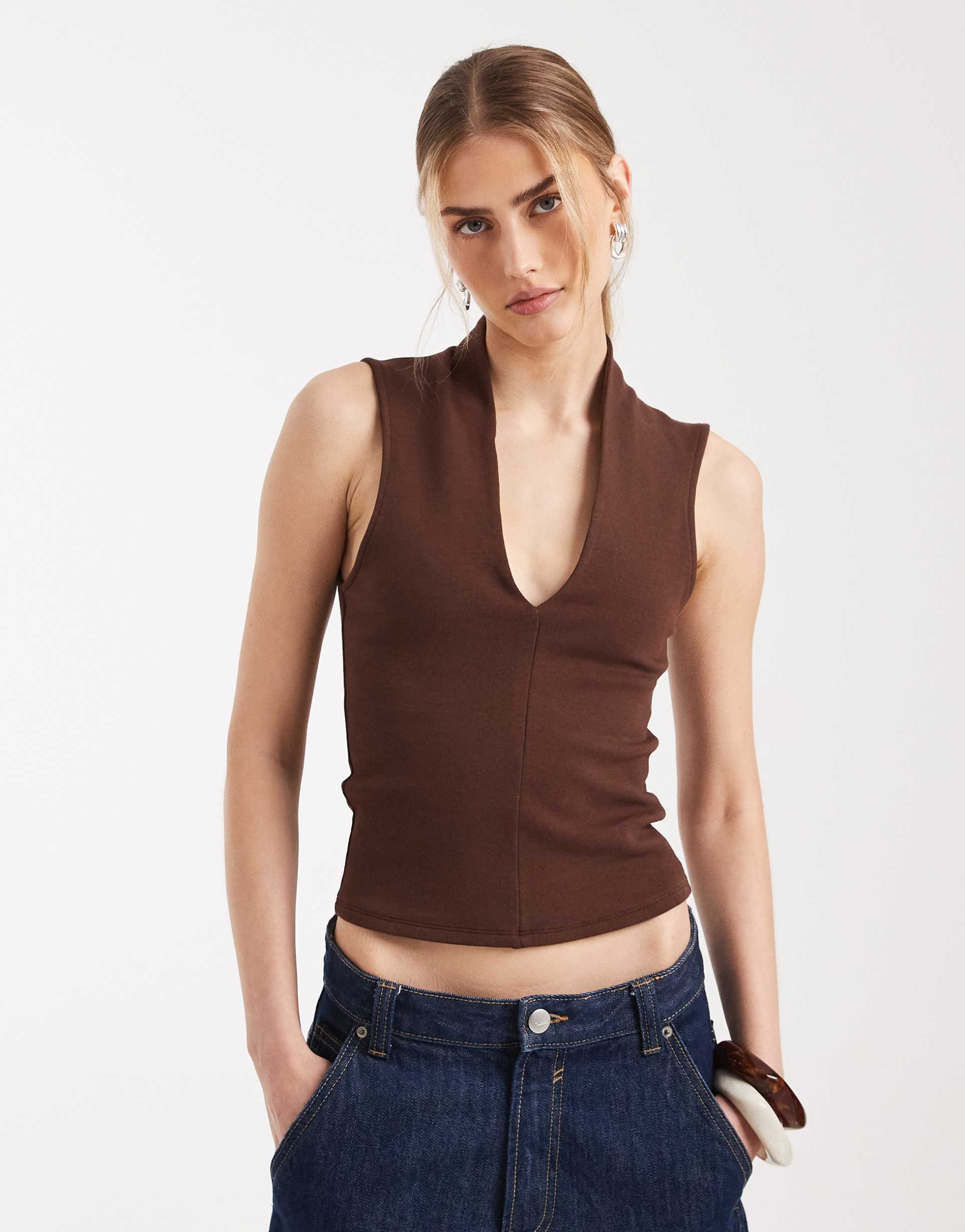 asos design compact cotton plunge top in chocolate