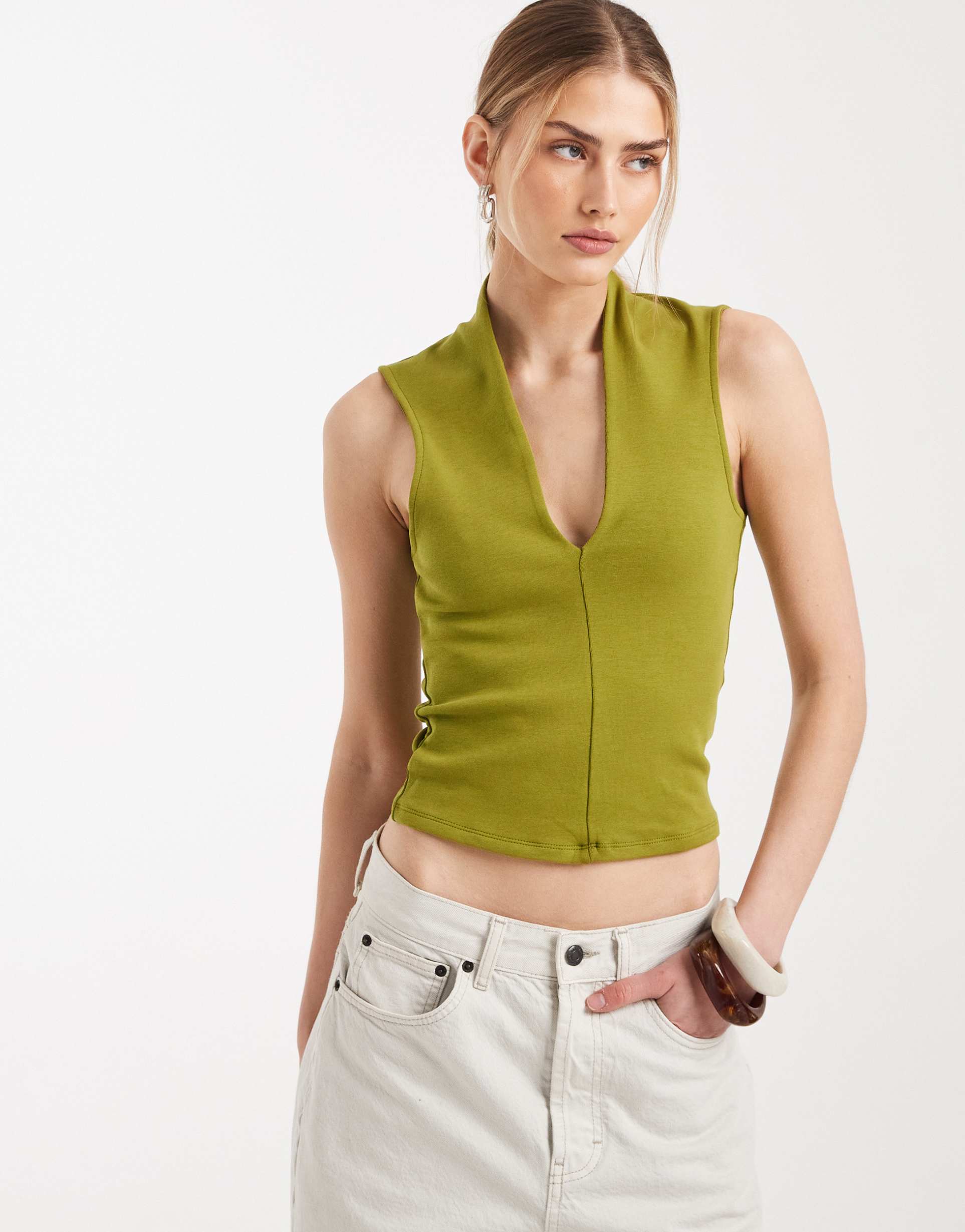 asos design compact cotton plunge top in green