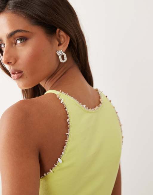 ASOS DESIGN compact cotton racer top with bead detail in lime green, 3 of 4