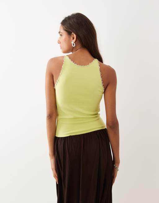 ASOS DESIGN compact cotton racer top with bead detail in lime green, 4 of 4