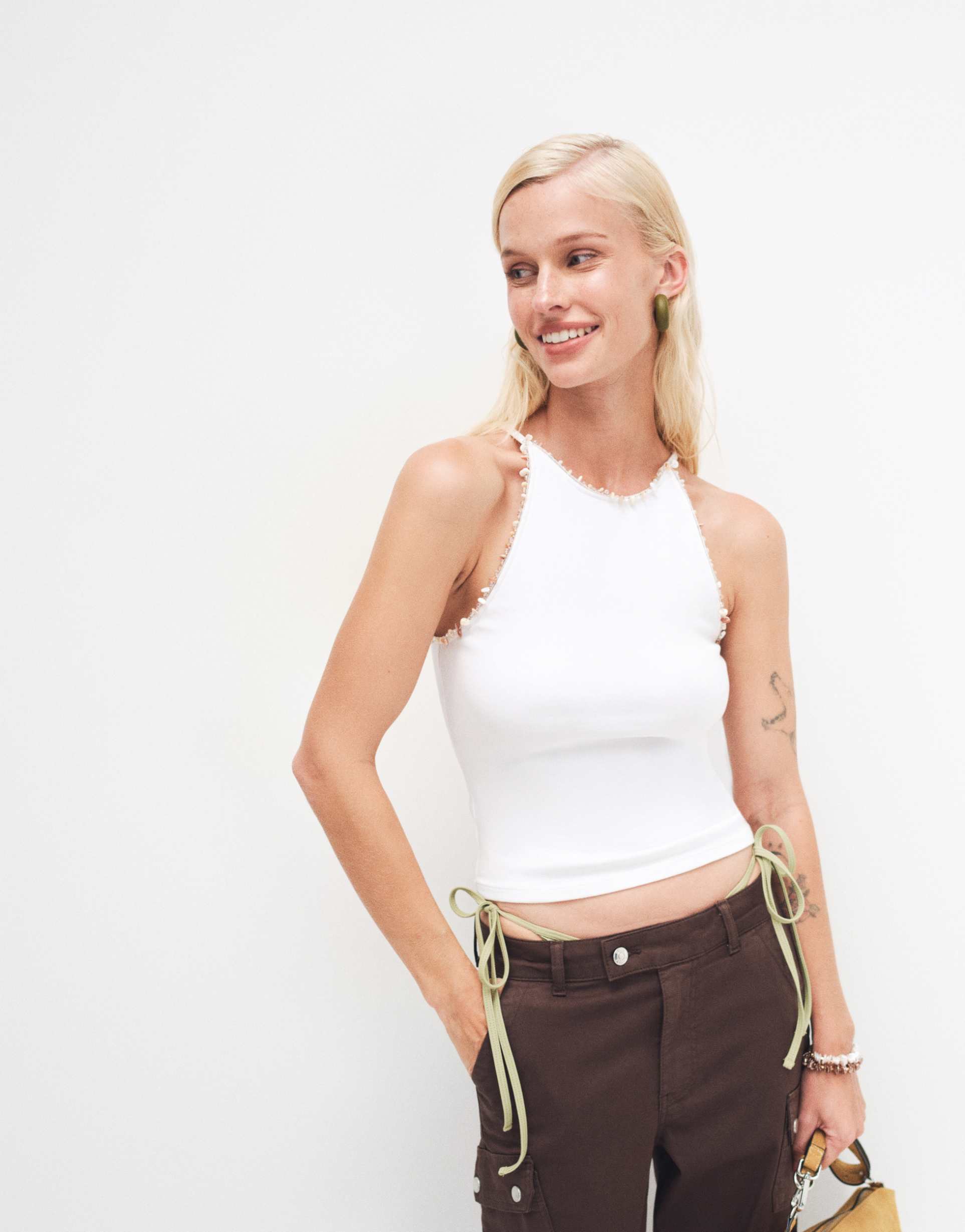 asos design compact cotton racer top with bead detail in white