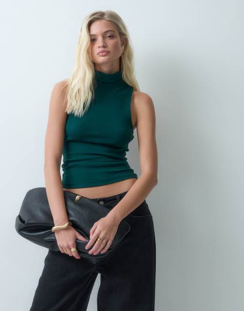 ASOS DESIGN compact cotton sculpting sleeveless high neck top in dark green - view 1