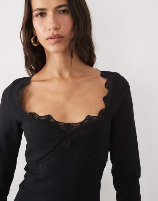 ASOS DESIGN compact cotton sculpting square neck top with lace trim in black, 3 of 4