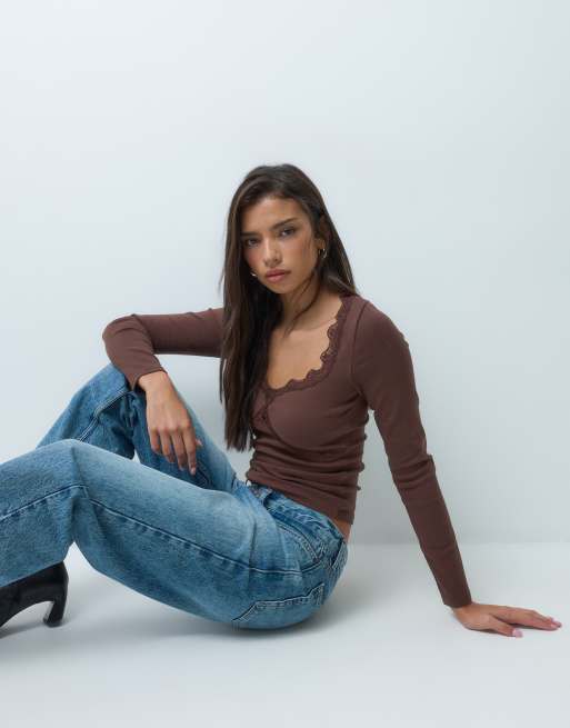 ASOS DESIGN compact cotton sculpting square neck top with lace trim in chocolate, 4 of 5