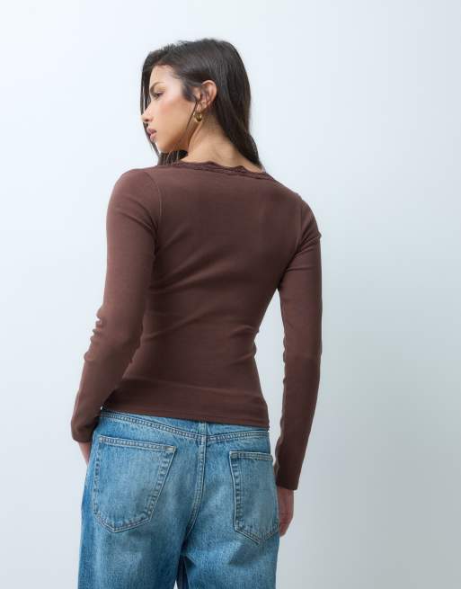 ASOS DESIGN compact cotton sculpting square neck top with lace trim in chocolate, 5 of 5