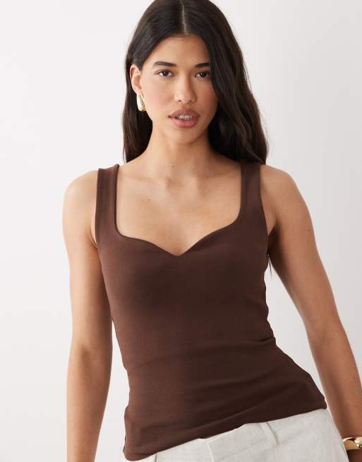 ASOS DESIGN compact cotton singlet with curved neckline in chocolate, 3 of 4