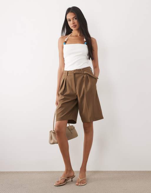 ASOS DESIGN compact cotton strappy halter neck top with bead detail in cream, 3 of 4