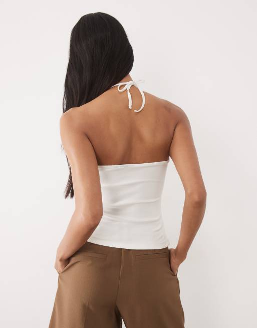 ASOS DESIGN compact cotton strappy halter neck top with bead detail in cream, 4 of 4