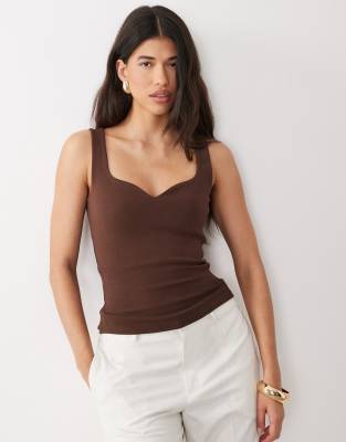 Asos Design Compact Cotton Tank Top With Curved Neckline In Brown