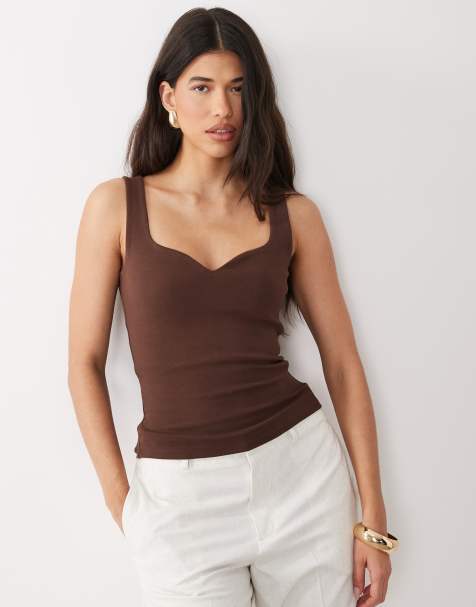 ASOS DESIGN compact cotton tank top with curved neckline in chocolate - view 1