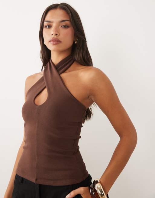ASOS DESIGN compact cotton twist halterneck top in chocolate, 3 of 4
