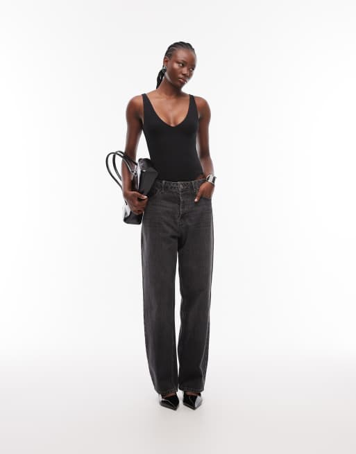 ASOS DESIGN compact cotton v neck bodysuit in black, 3 of 4