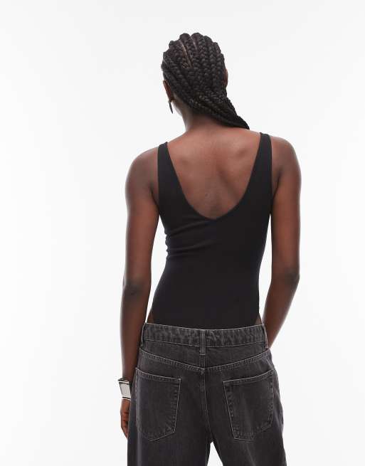 ASOS DESIGN compact cotton v neck bodysuit in black, 4 of 4