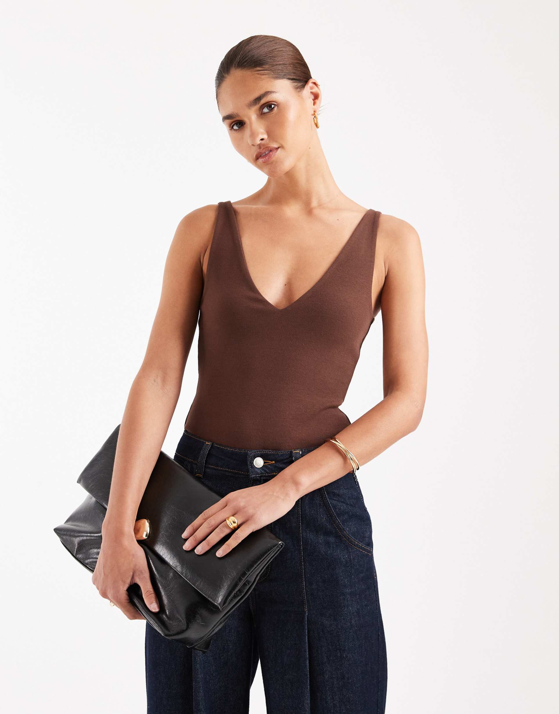asos design compact cotton v neck bodysuit in chocolate