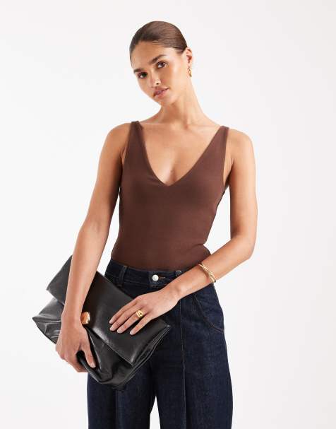 ASOS DESIGN compact cotton v neck bodysuit in chocolate