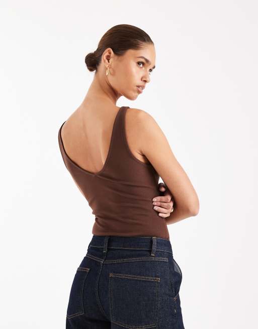 ASOS DESIGN compact cotton v neck bodysuit in chocolate, 3 of 4