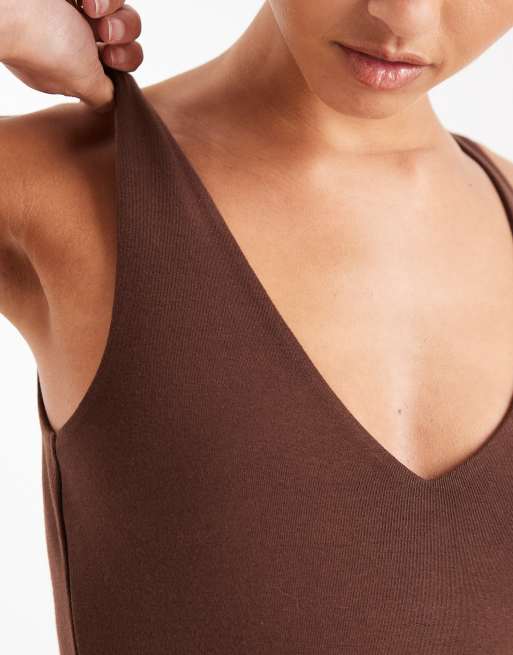 ASOS DESIGN compact cotton v neck bodysuit in chocolate, 4 of 4