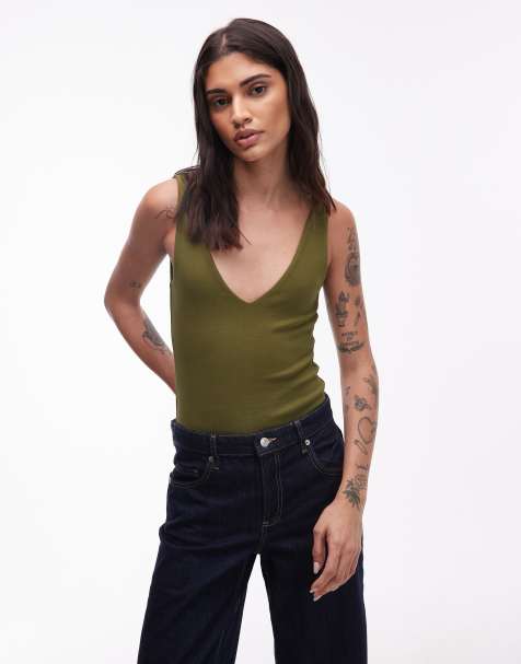 ASOS DESIGN compact cotton v neck bodysuit in khaki - view 1
