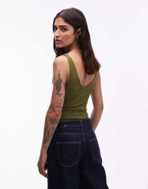 ASOS DESIGN compact cotton v neck bodysuit in khaki, 2 of 4