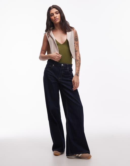 ASOS DESIGN compact cotton v neck bodysuit in khaki, 3 of 4
