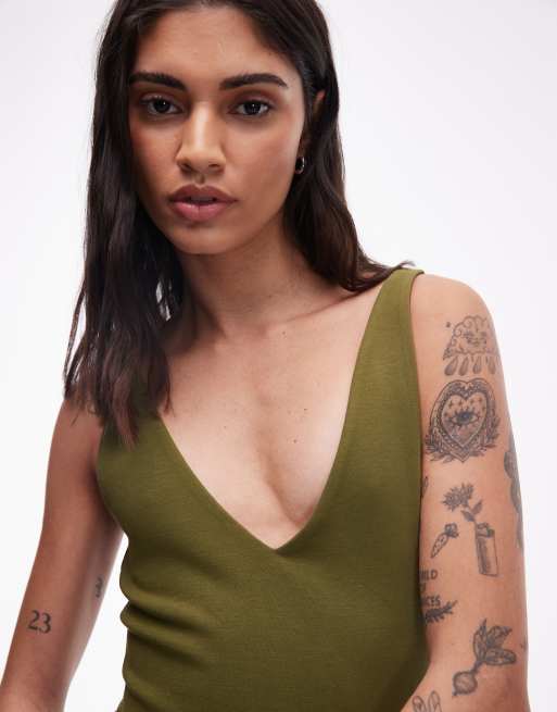 ASOS DESIGN compact cotton v neck bodysuit in khaki, 4 of 4