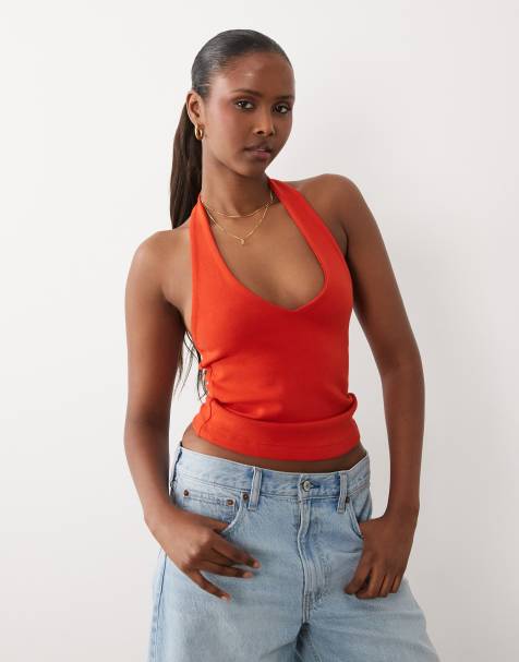 ASOS DESIGN compact cotton v-neck halter top in red - view 1