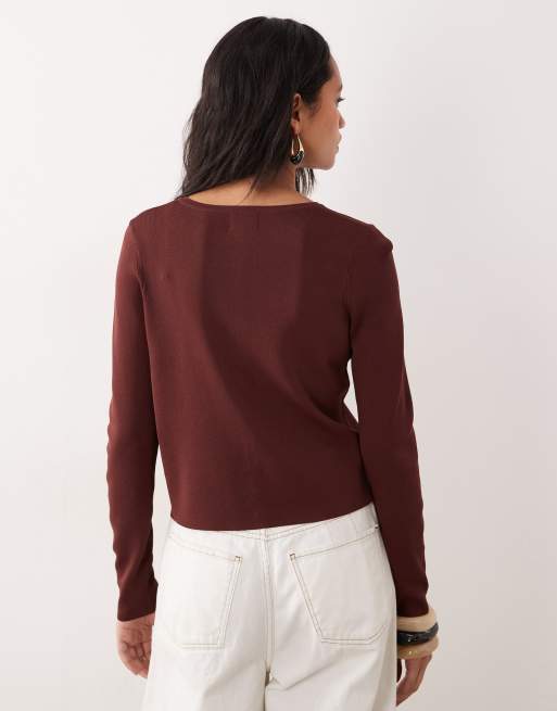 ASOS DESIGN compact crew neck cardigan with self covered buttons in chocolate, 4 of 4