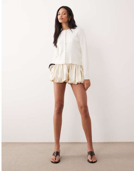 ASOS DESIGN compact crew neck cardigan with self covered buttons in cream, 3 of 4