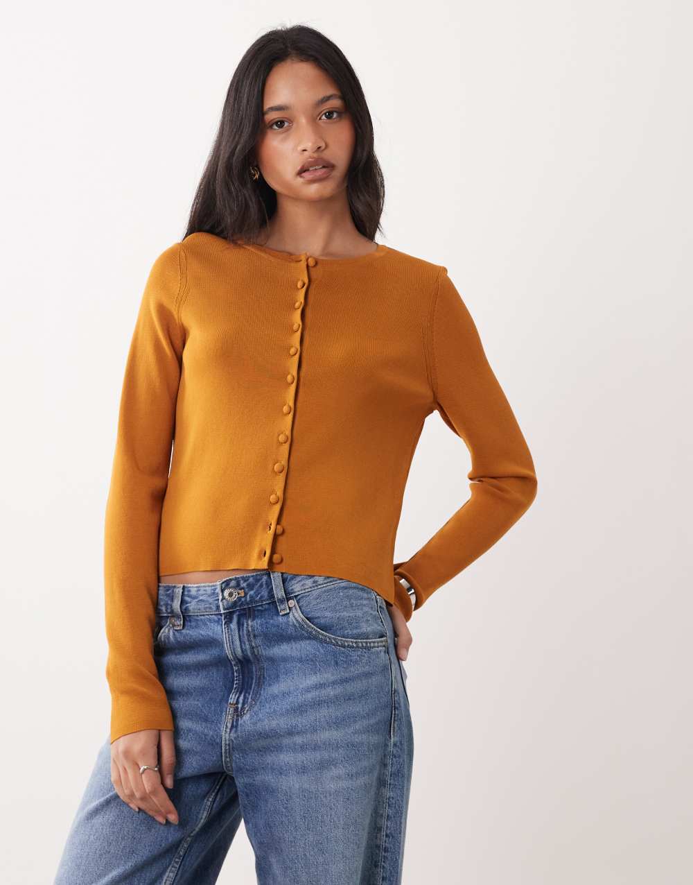 ASOS DESIGN compact crew neck cardigan with self covered buttons in toffee