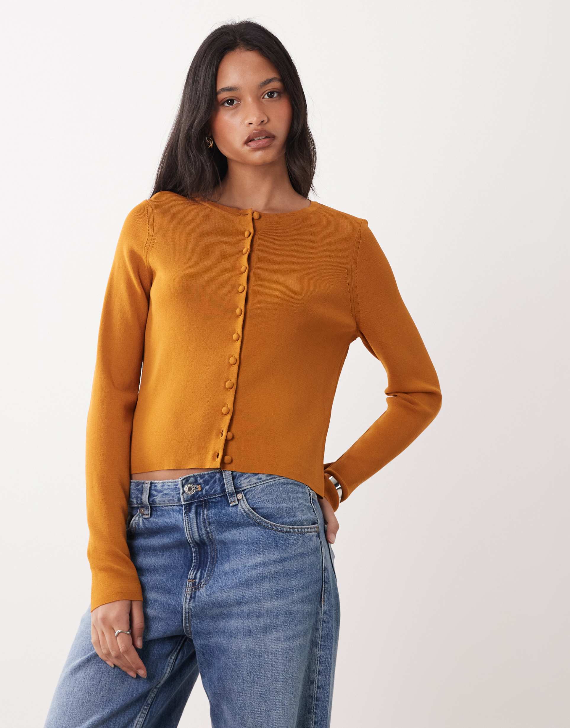 asos design compact crew neck cardigan with self covered buttons in toffee