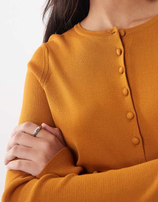 ASOS DESIGN compact crew neck cardigan with self covered buttons in toffee, 2 of 4
