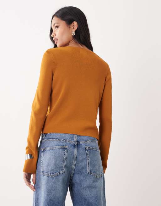 ASOS DESIGN compact crew neck cardigan with self covered buttons in toffee, 4 of 4