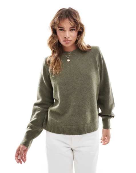 ASOS DESIGN compact crew neck jumper with shoulder pads in khaki - view 1