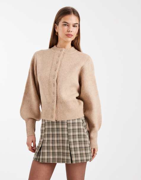 ASOS DESIGN compact fluffy cardigan with structured sleeve in mushroom - view 1