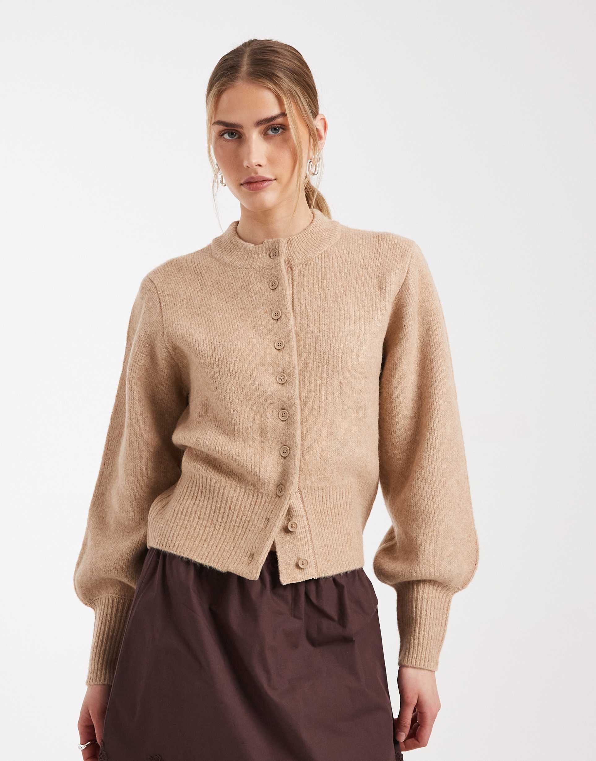 asos design compact fluffy cardigan with structured sleeve in mushroom