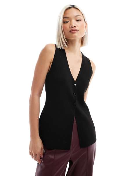 ASOS DESIGN - Compact gebreid gilet met V-hals en splitdetail in zwart - view 1