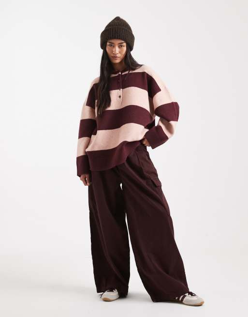 ASOS DESIGN - Compact gebreid poloshirt met strepen in bordeauxrood en roze, 2 van 4