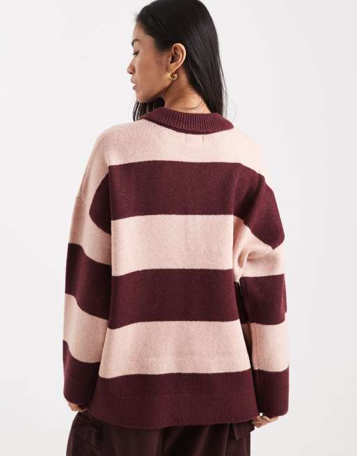 ASOS DESIGN - Compact gebreid poloshirt met strepen in bordeauxrood en roze, 4 van 4
