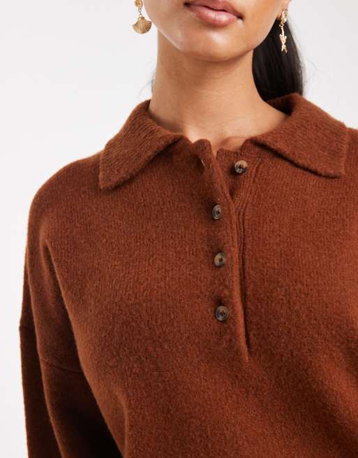 ASOS DESIGN - Compact gebreid rugbyshirt in roestbruin, 3 van 4