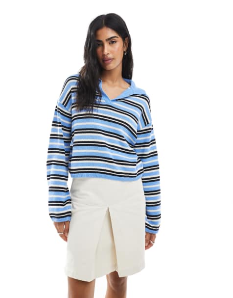 ASOS DESIGN - Compact gebreide, gestreepte polotop met lange mouwen in blauw - view 1