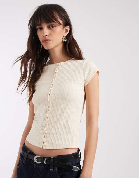 ASOS DESIGN - Compact geribbeld vest met knopen en korte mouwen in crème - view 1