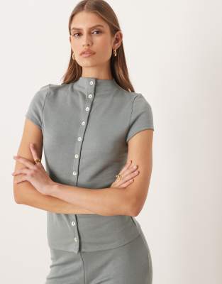 Asos Design Compact Heavyweight Short Sleeve Button Up Cardigan In Gray