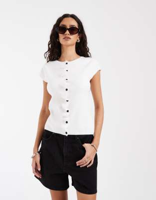 Asos Design Compact Knit Cap Sleeve Cardigan With Ruched Placket In White