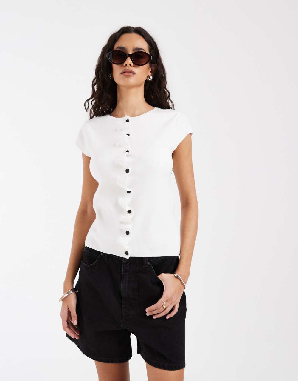 ASOS DESIGN compact knit cap sleeve cardigan with ruched placket in ecru