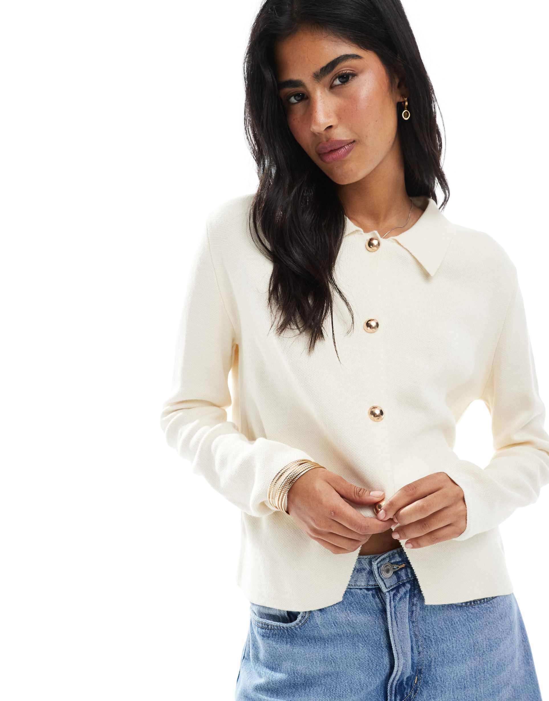 asos design compact knit cardigan with collar in ecru