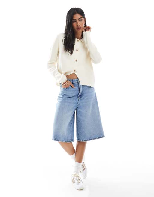 ASOS DESIGN compact knit cardigan with collar in ecru