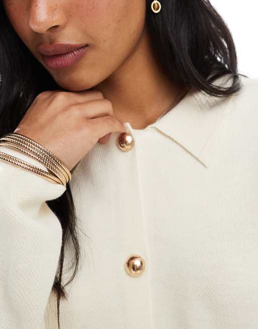ASOS DESIGN compact knit cardigan with collar in ecru, 3 of 4