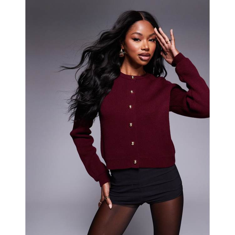 ASOS DESIGN compact knit cardigan with gold buttons in burgundy | ASOS